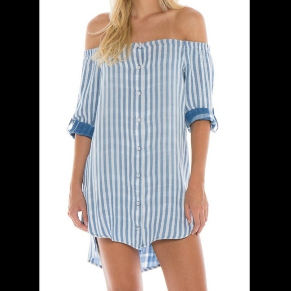 Bella Dahl Off Shoulder Button Front Pinstripe Marina Wash - Picture 8 of 10